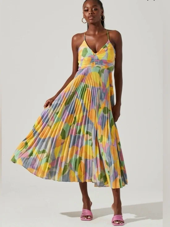 NWT ASTR the Label Blythe Floral Midi Dress yellow lilac abstract Sz M - Picture 1 of 11